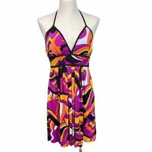 Vintage B Wear 90s Purple, Orange, Black Kaleidoscopic Print Halter Dress Large